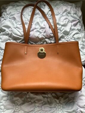 Longchamp Cognac Tan Leather Tote with Gold-Tone Medallion